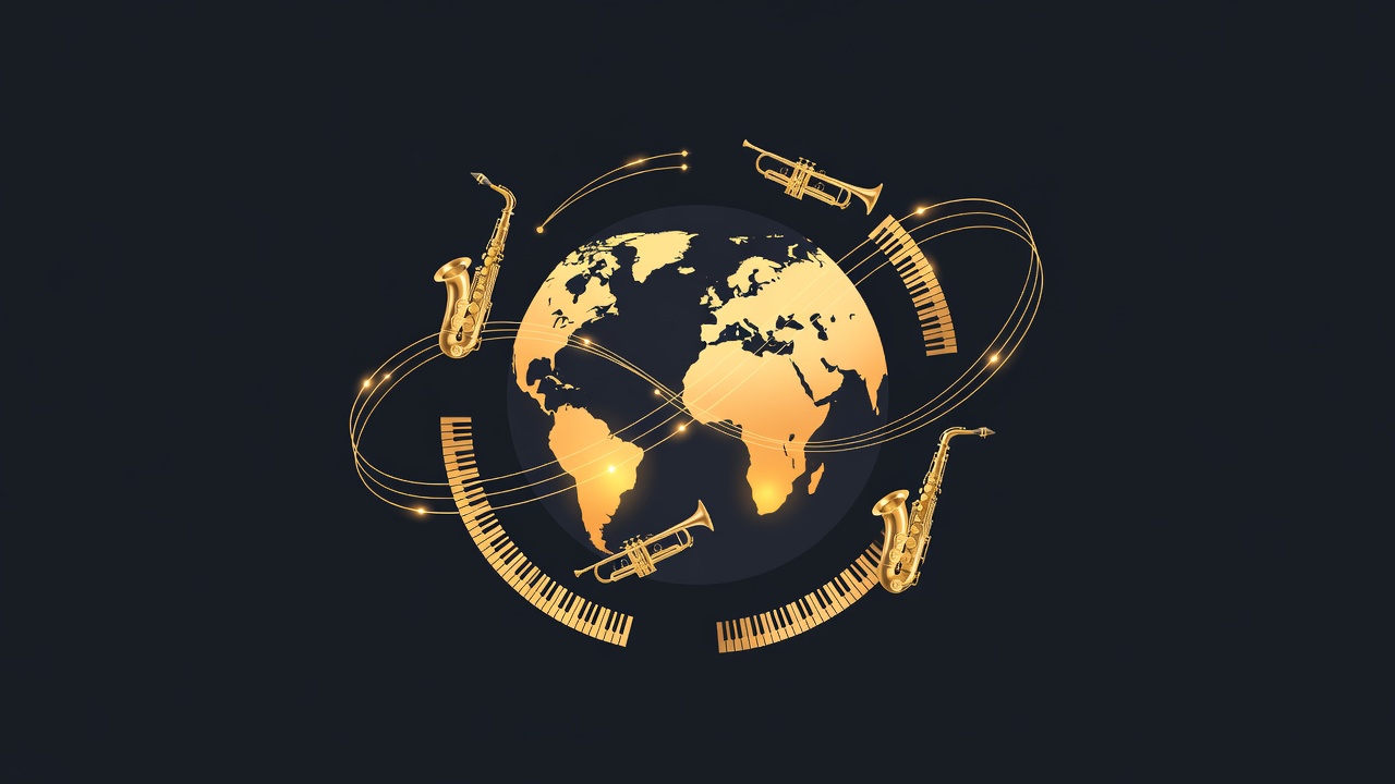 Globe terrestre entouré de notes de musique et d'ondes radio, symbolisant les webradios jazz du monde entier accessibles depuis GroovePick, dans une ambiance ambrée et anthracite